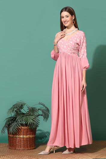 Women’s Pink Rayon Embroidered Empire Dress