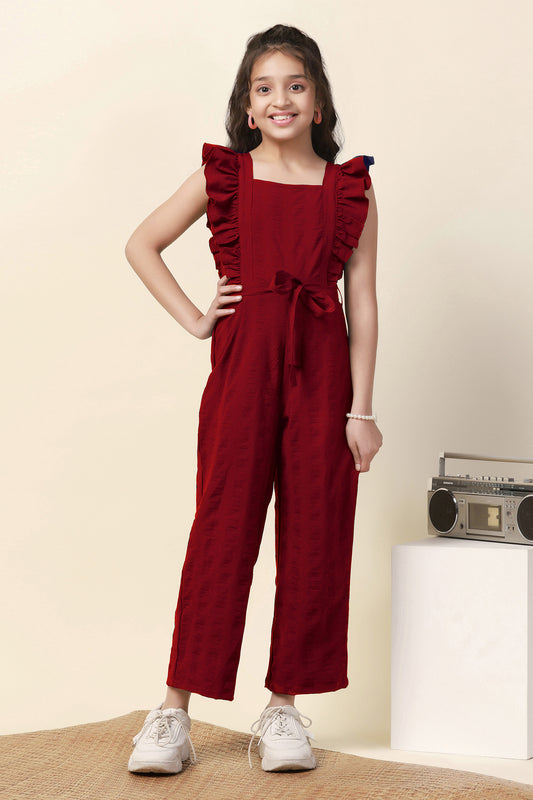 Girls Maroon Solid Ankle Length Jumpsuit