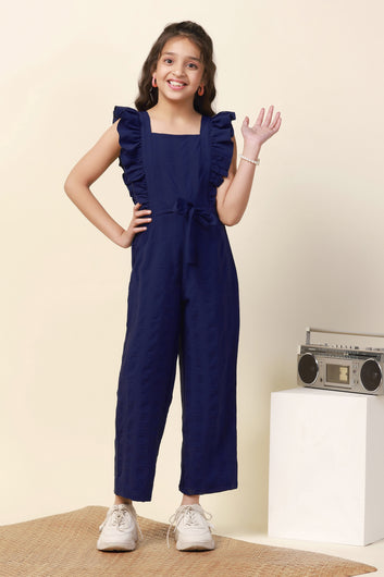 Girl's Blue Solid Long Sleeveless Jumpsuit