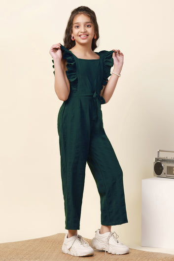 Girls Green Solid Ankle Length Jumpsuit