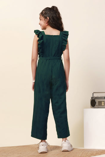 Girls Green Solid Ankle Length Jumpsuit
