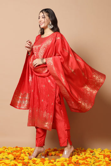 Women's Red Dola Silk Jacquard Work Kurta Set With Dupatta