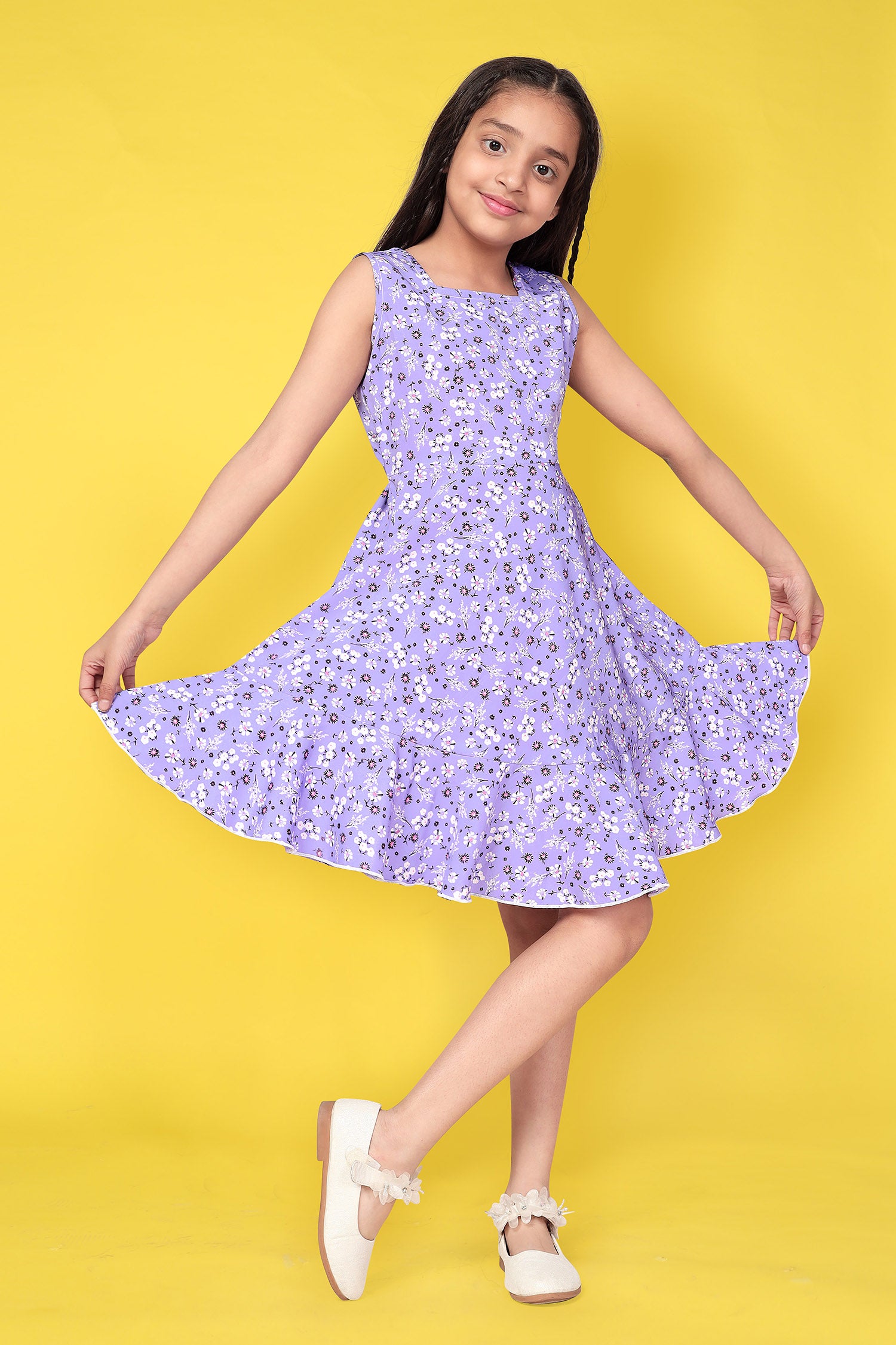 Girls Trendy Stylish Latest & Trending Printed Flower 1 Knee Length  Sleeveless Crepe yellow Skirt Dress