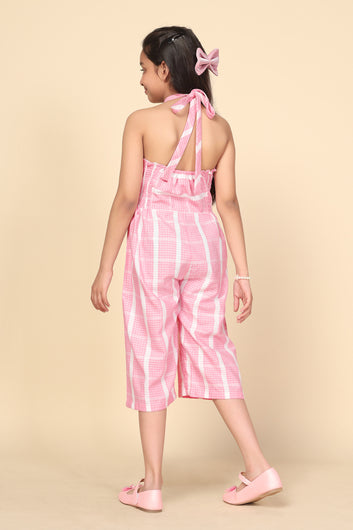 Girl's Pink Cotton Stripes Printed Calf Length Jumpsuit