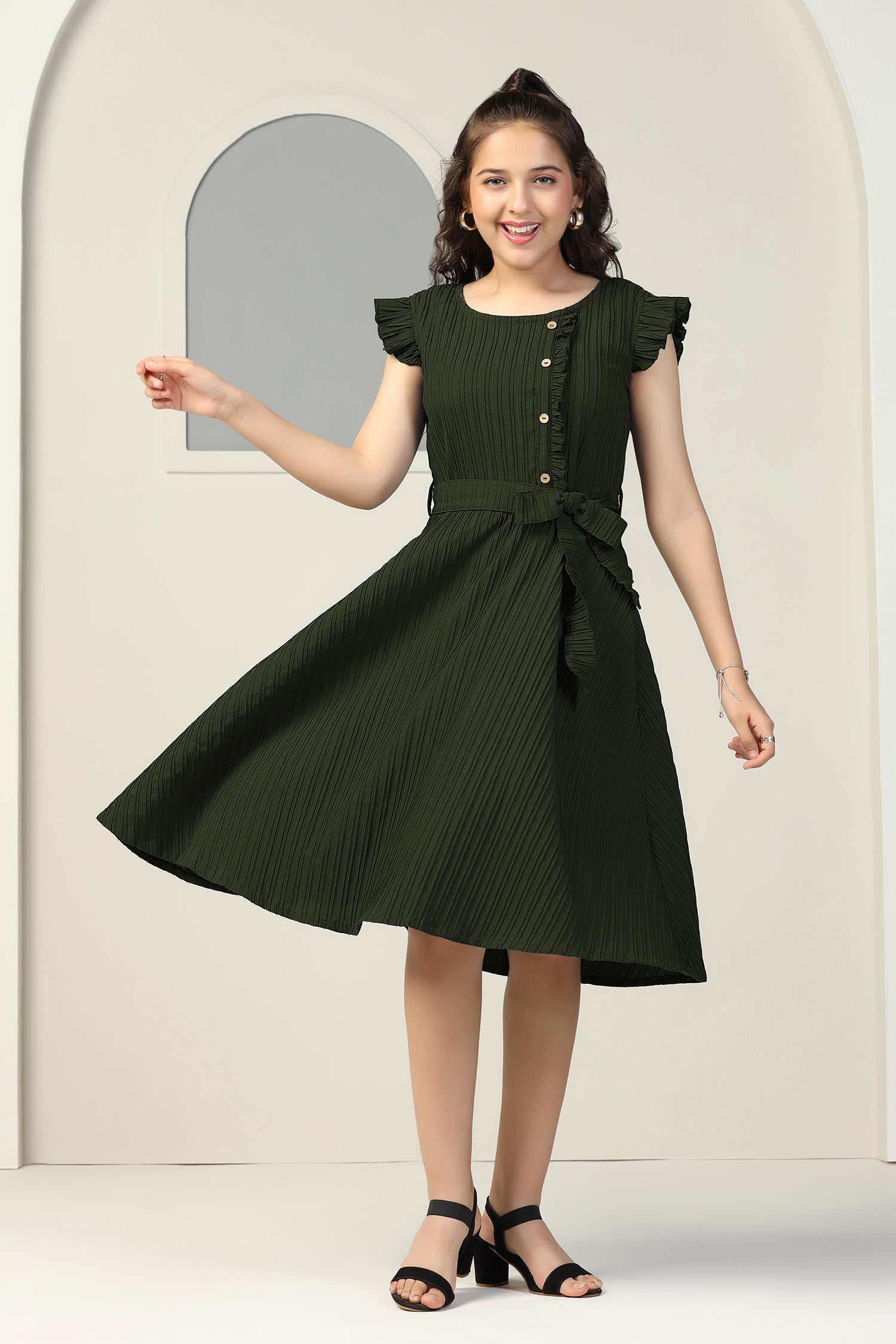 Cotton Dresses Knee Length Dresses Fit Flare Girls Olive Cotton Blend Solid Fit Flare Casual Knee
