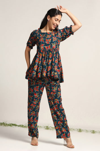 Womens Teal Blue Rayon Abstarct Printed Top with Trouser Set
