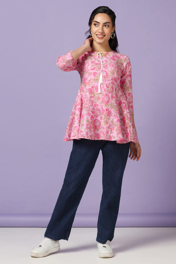 Womens Light Pink Cotton Floral Print Tunic Top