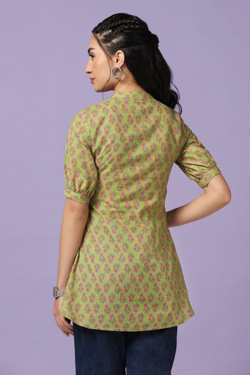 Women's Green Cotton Floral Print Tunic Top