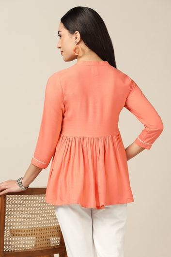 Womens Peach Rayon Embroidered Top