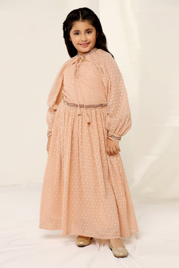 Girls Peach Maxi Length Fit And Flare Dobby Weave Dresses With Embellished Belt