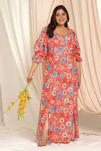 Womens Plus Size Orange American Crepe Floral Print Slit Dresses