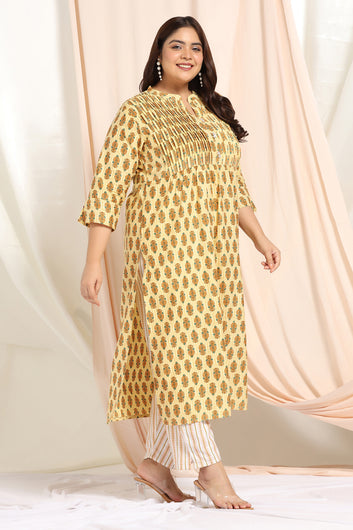 Women's Plus Size Yellow Cotton Floral Printed Kurta Pant Set