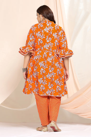 Women's Plus Size Orange Cotton Floral Printed Kurta With Pant Set