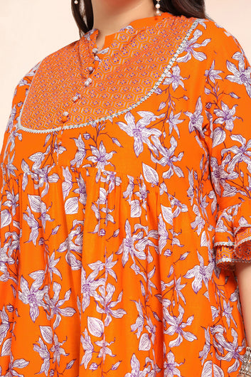 Women's Plus Size Orange Cotton Floral Printed Kurta With Pant Set
