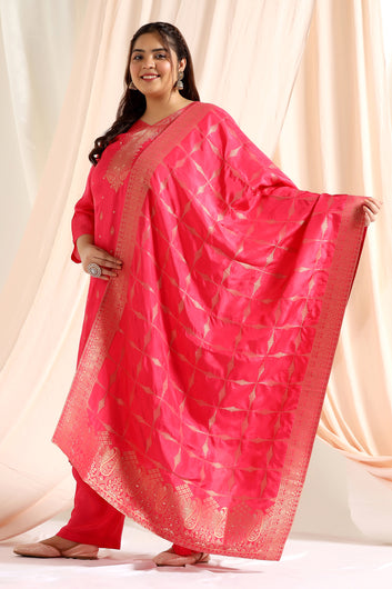 Women's Plus Size Rani Dola Silk Jacquard Work Kurta Set With Dupatta