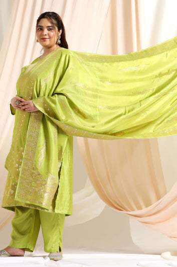 Women's Plus Size Light Green Dola Silk Jacquard Work Kurta Set With Dupatta