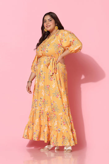 Womens Plus Size Yellow Floral Printed Tiered Maxi Dress