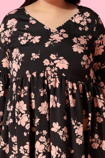 Women's Plus Size Black Floral Printed Empire Dress