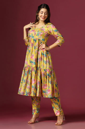 Women’s Mustard Floral Printed Tiered Kurta With Pant Set