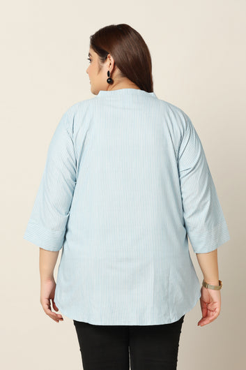 Women's Plus Size Cotton Blue Stripe Printed Top