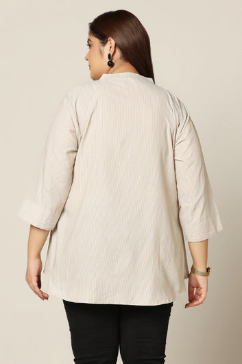 Women's Plus Size Cotton Beige Stripe Printed Top