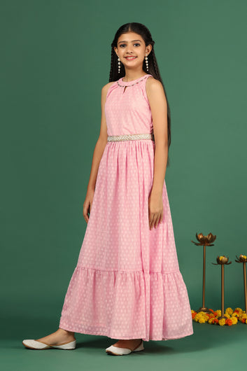 Girls Pink Maxi Length Choker Neck Dobby Weave Dresses With Embellished Belt
