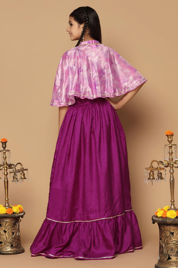 Girls Purple Maxi Length Fit And Flare Dresses With Cape