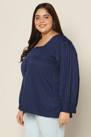 Women's Plus Size Navy Blue Striped Puff Sleeve Top