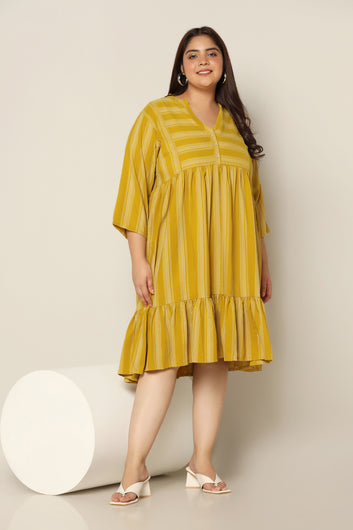 Women's Plus Size Mustard Striped Knee Length Dress