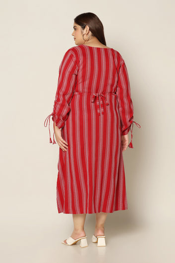 Women's Plus Size Maroon Striped A-Line Midi Dress