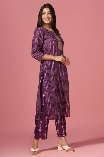 Women's Purple Poly Muslin Printed Kurta And Pant Set