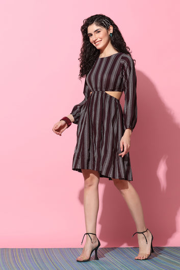 Women's Wine Striped Waist Cut-Out Dress