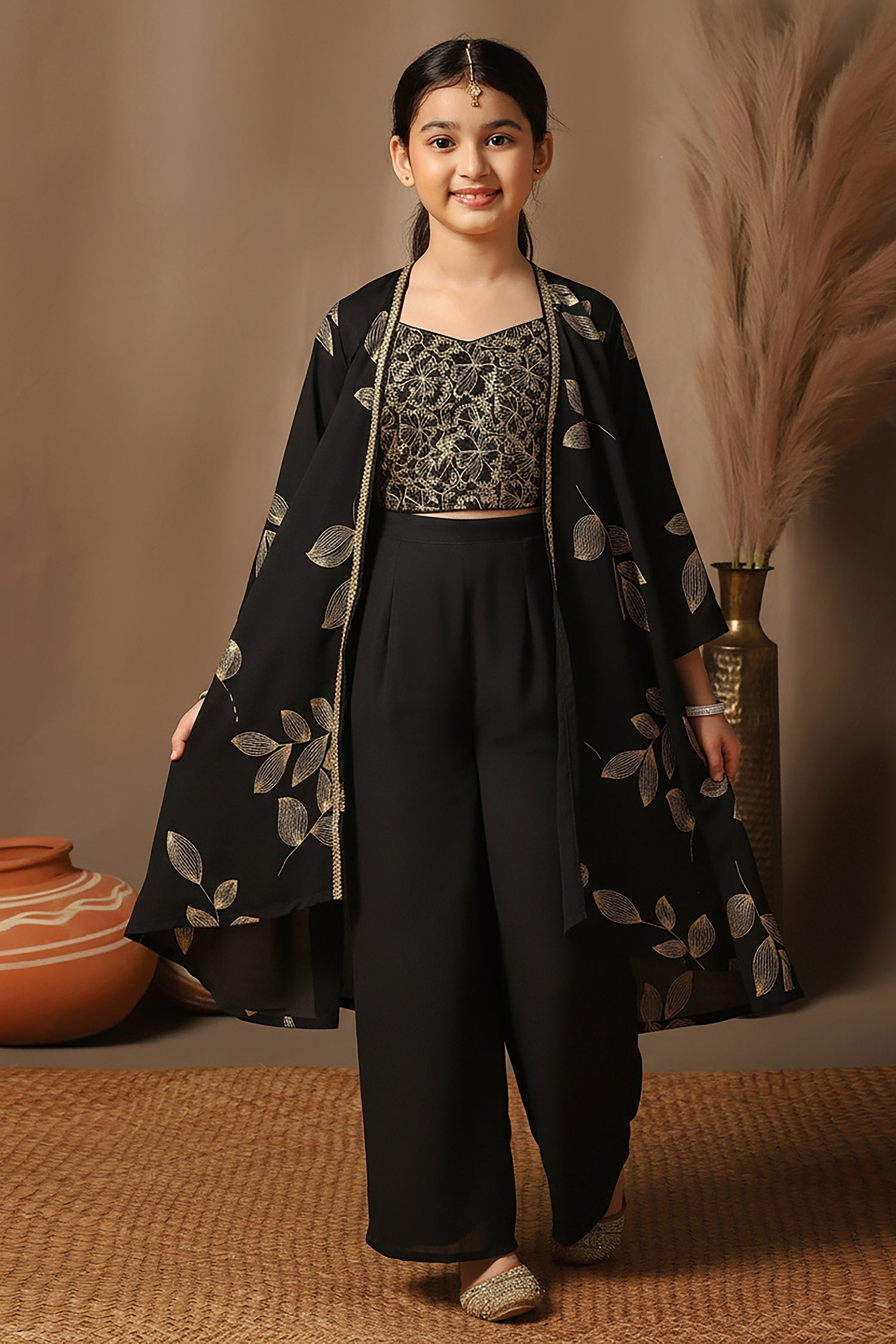 Girls Black Georgette Printed Straight Ethnic Jacket, Choli With Palaz