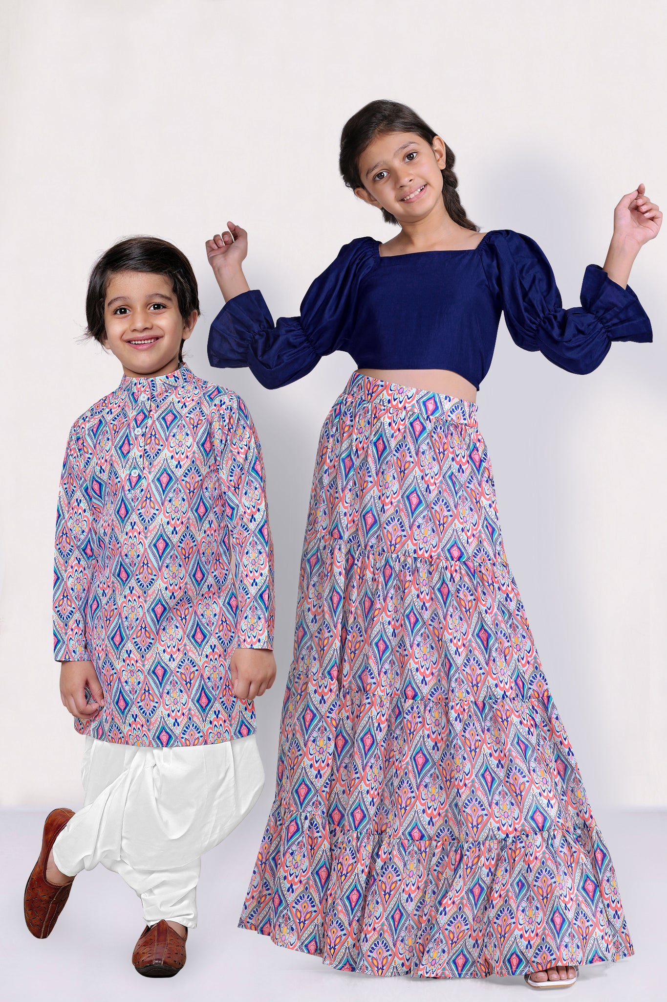 Multicolor Ethnic Print Brother And Sister Combo Set 01