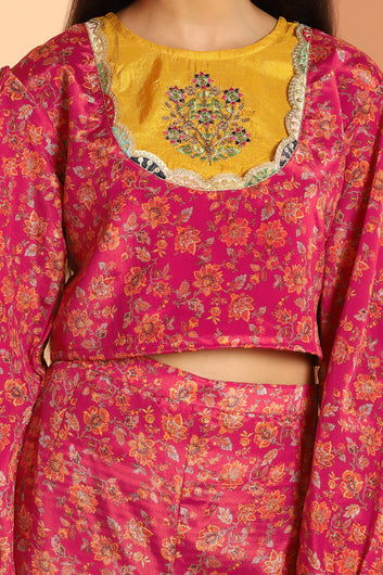 Girls Rani Pink Floral Printed Crop Top With Palazzo Set