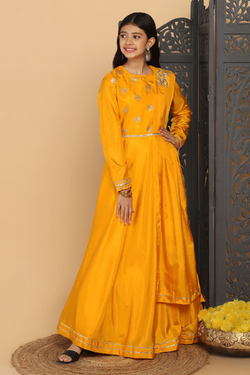 Girls Yellow Dola Silk Embroidered A-Line Maxi Dresses