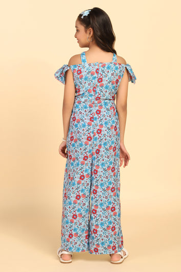 Girls Light Blue Floral Printed Ankle Length Ruffle Jumpsuit