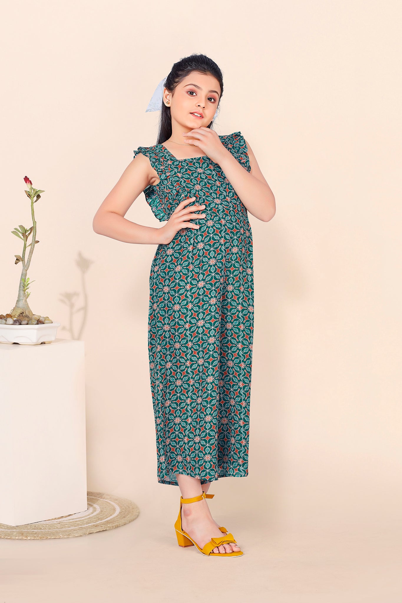 Girls Bottle Green Georgette All-Over Printed Jumpsuit