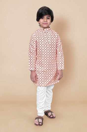 Boys Cream Geometric Printed Kurta With Payjama Set