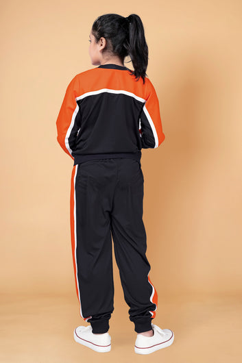 Girls Orange Polyester Lycra T-Shirt with Trouser Set