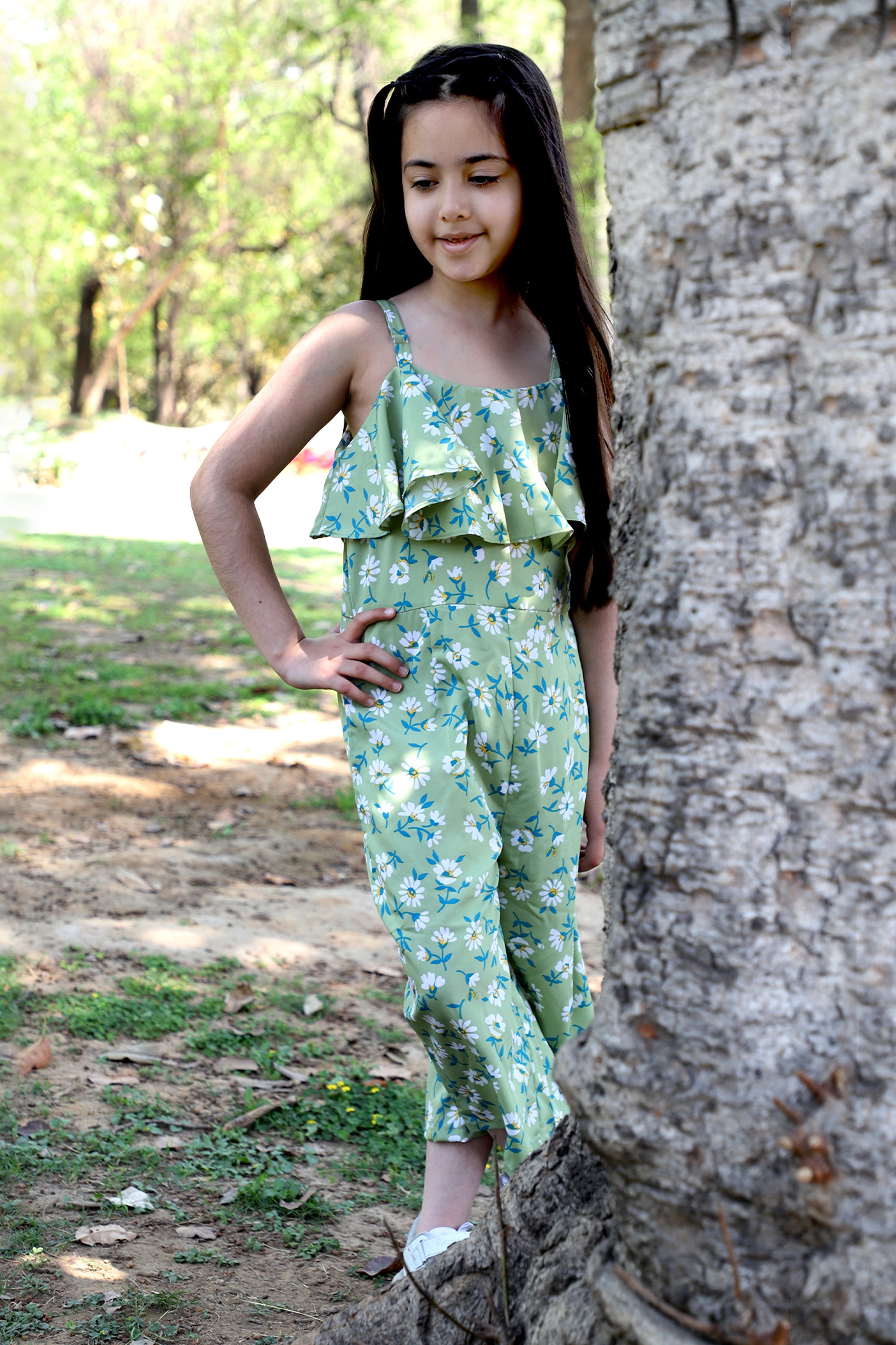 Girls Pista Floral Printed Calf Length Jumpsuit