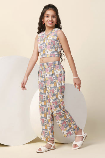 Girl's Multicolor Allover Printed Crop Top And Pant Set