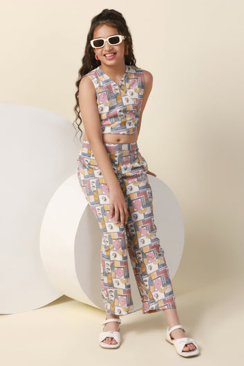 Girl's Multicolor Allover Printed Crop Top And Pant Set