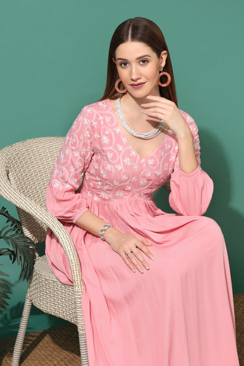 Women’s Pink Rayon Embroidered Empire Waist Kurta