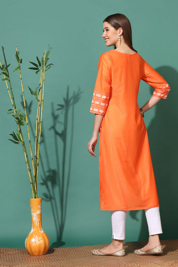 Women Orange Poly Muslin Digital Printed Straight Readymade Kurti