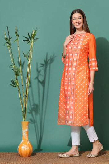 Women Orange Poly Muslin Digital Printed Straight Readymade Kurti