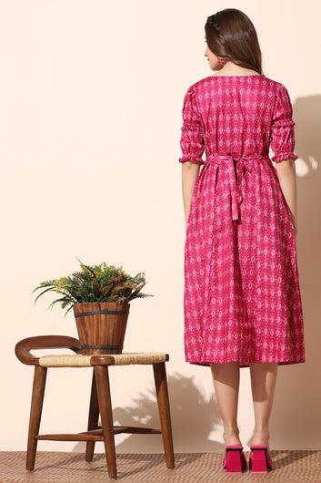 Women's Pink Cotton Ikat Printed Double Puff Sleeve A-Line Dress