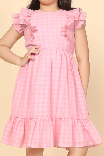Girls Checks Printed Fit And Flare Dress