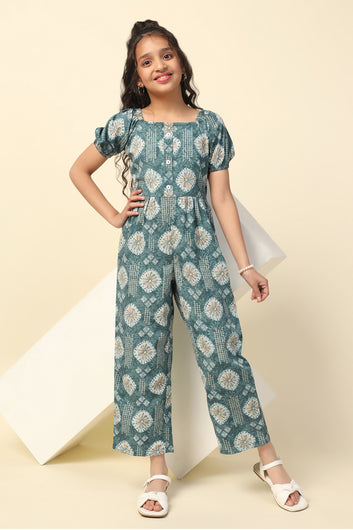 Girl's Peacock Blue All Over Printed Basic Jumpsuit