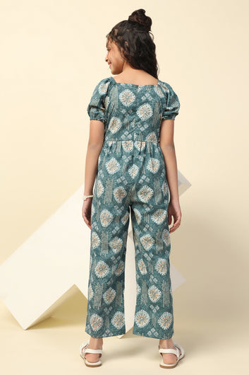 Girl's Peacock Blue All Over Printed Basic Jumpsuit